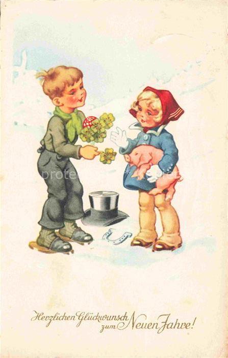 Neujahr Annee New Year Kinder Schwein Hut Litho