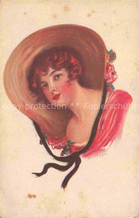 FISHER Harrison Kuenstlerkarte Frauen Hutmode Milano Litho