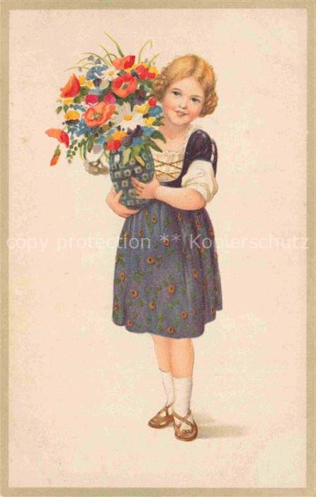 Trachten Maedchen Blumenstrauss Litho B Dondorf