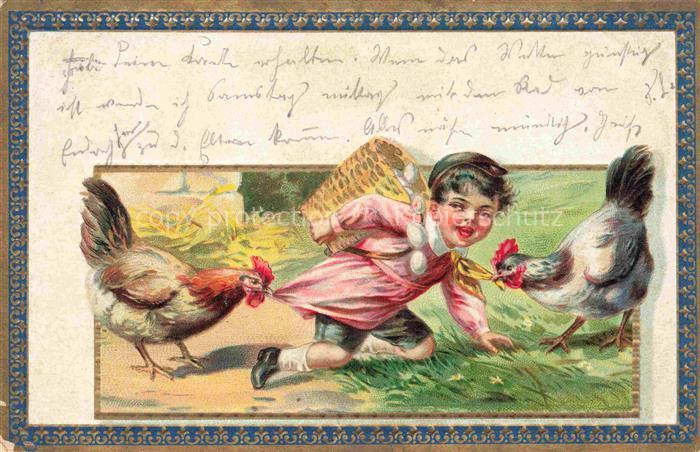 Voegel Birds Oiseaux Huehner Kind Eier Koerbchen Litho