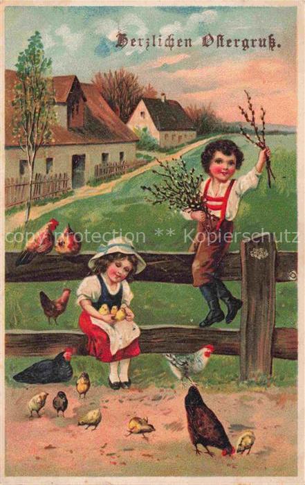 Ostern Easter Paques Pasqua-- Kinder Huehner Kueken Litho Bauernhof