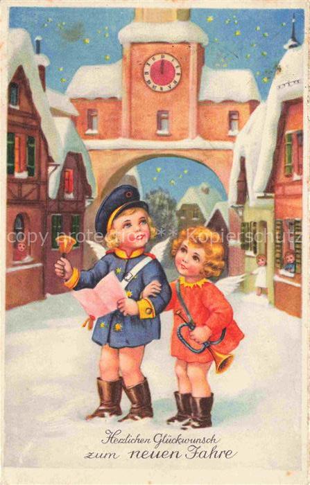Neujahr Annee New Year Kinder Schnee Uhr Litho