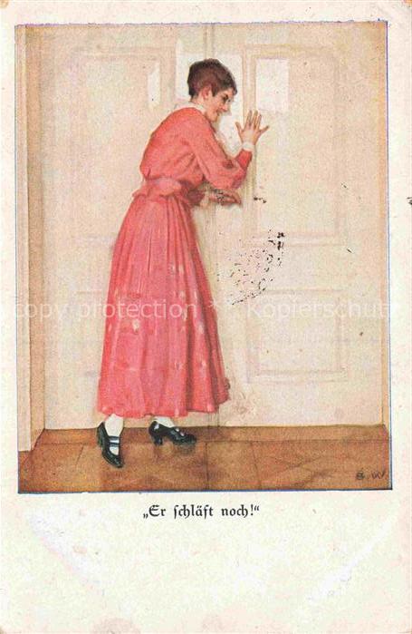 Wennerberg Brynolf Kuenstlerkarte er schlaeft noch Frau luftigen Blaetter Nr. 9