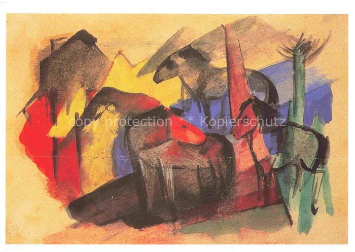 MARC Franz (1880-1916) Kuenstlerkarte drei Pferde in Landschaft mit Haeuser