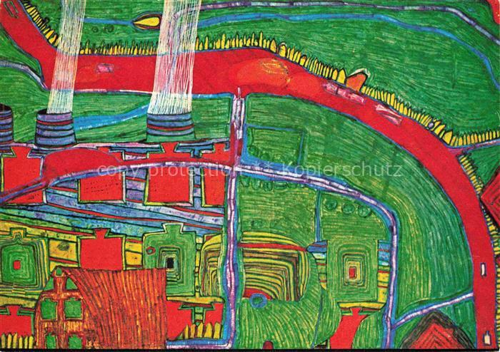HUNDERTWAssER Friedrich Kuenstlerkarte Route Nationale Dampfer faehrt durch die