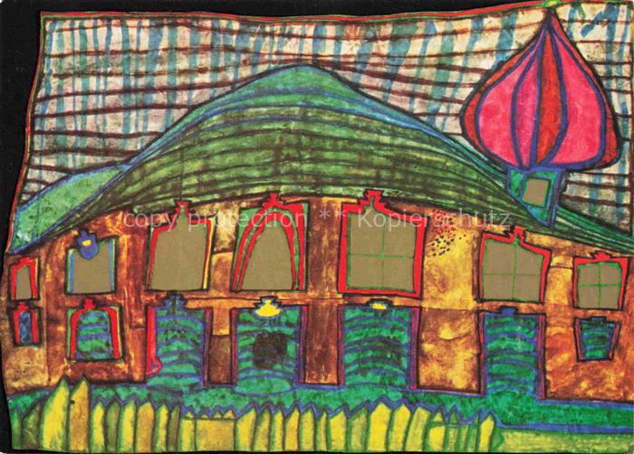 HUNDERTWAssER Friedrich Kuenstlerkarte Bucklige Kirche im Regen