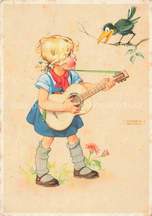 Lungers-Hausen Lungershausen Kuenstlerkarte Maedchen Rabe Gitarre Litho