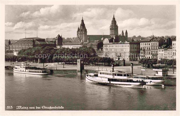 MAINZ  Rhein Blick von der Strassenbruecke auf Dampfer und Kirchen