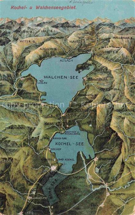 Walchensee Kochel See Bayern Panoramakarte mit Kochelsee