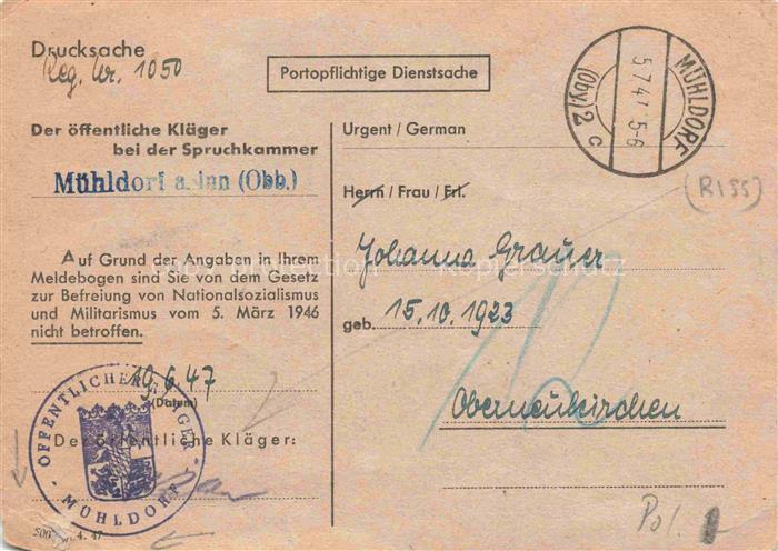 Muehldorf  Inn Bayern Antwortkarte auf Meldebogen