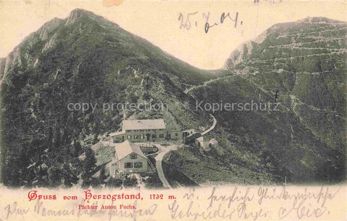 Herzogstand 1738m Kochel See Oberbayern Panorama mit Herzogstandhaus