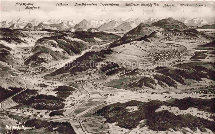 Allgaeu Region Das Westallgaeu Panoramakarte mit Allgaeuer Alpen