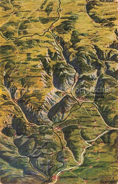 REUTLINGEN BW Relief-Ansichtskarte Schwaebische-Alb Reutlingen Urach Metzingen N