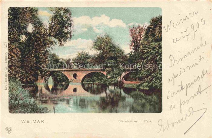 WEIMAR  Thueringen Sternbruecke Park Bruecke Fluss Baeume Spiegelung handkolorie