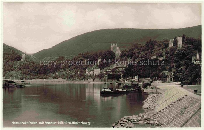 Neckarsteinach Vorderburg Mittelburg Hinterburg Neckar Burgen Wald Schiff Fotoka