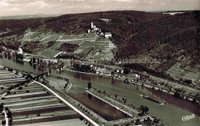 Neckarzimmern Burg-Hornberg Neckar Weinberge Wald Fluss Schiff Vogelperspektive