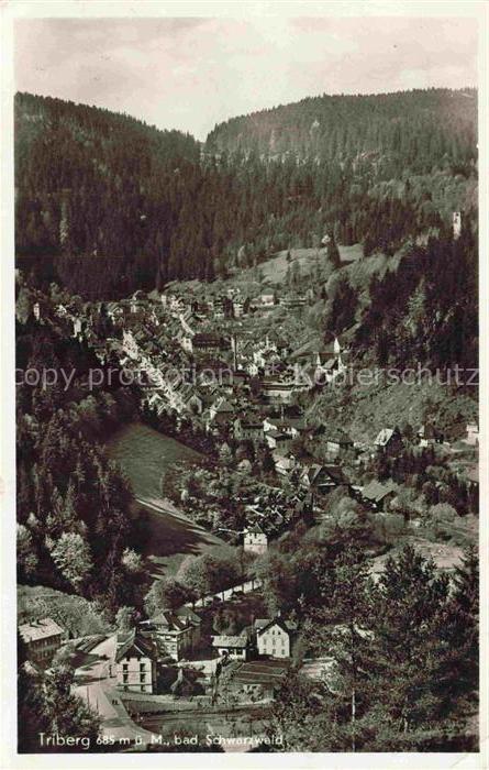 Triberg Schwarzwald BW Schwarzwald Tal Panorama Kirche Wald Haeuser S/W-Fotokart
