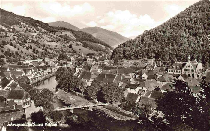 Wolfach Schwarzwald BW Schwarzwald Kurort Fluss Bruecke Panorama Daecher Wald Be