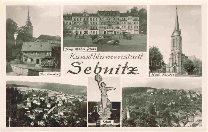 Sebnitz Sachsen Aug.-Bebel-Platz Ev.-Kirche Kath.-Kirche Kunstblumenmacherin Sta