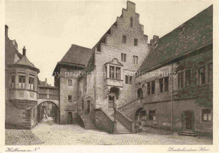 HEILBRONN Neckar Deutschordens-Haus Treppenturm Stufengiebel Kopfsteinpflaster T