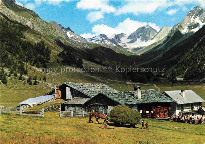 Eishofalm 2076m Schnals IT Almhuette Pfossental Pferd Wanderer Berggipfel Schnee