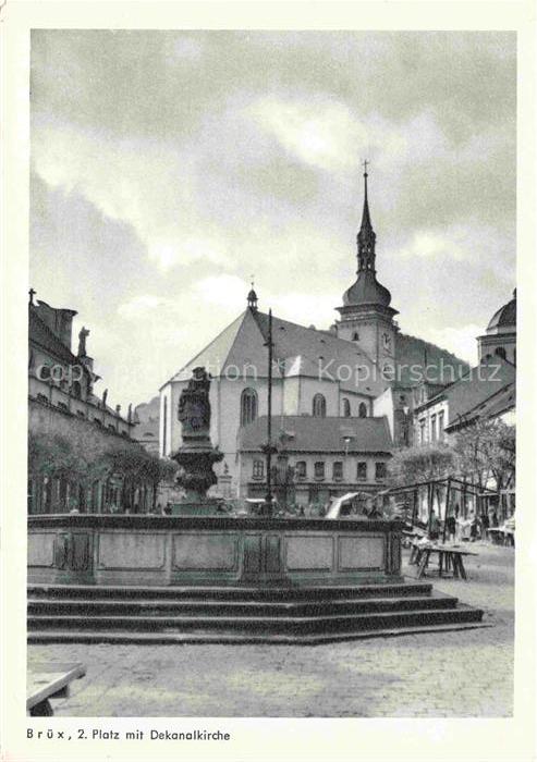 MOST Bruex Sudetengau CZ Dekanalkirche Brunnen Marktplatz Kirche Turm Platz Pass