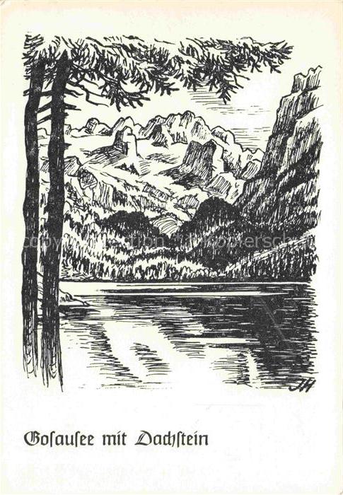 Gosausee Gosau Salzkammergut AT See Dachstein Berge Wald Zeichnung Nadelbaeume L