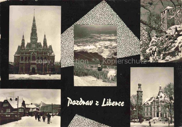 LIBEREC Reichenberg CZ Rathaus Seilbahn Winterlandschaft Neogotik Stadtansicht M