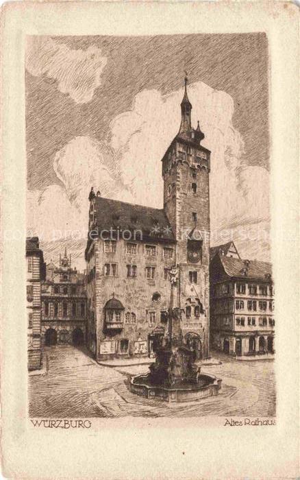 WueRZBURG Bayern Altes Rathaus Brunnen Kuenstlerkarte Original Radierung Handabz