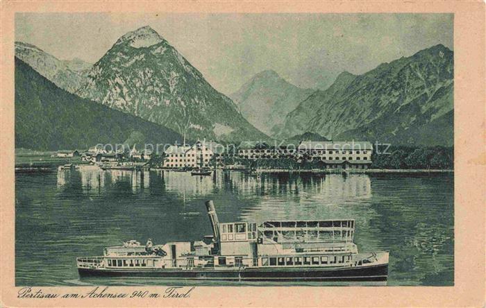 Pertisau Achensee Tirol AT Ansicht vom See aus Fahrgastschiff Alpen Kupferdruck
