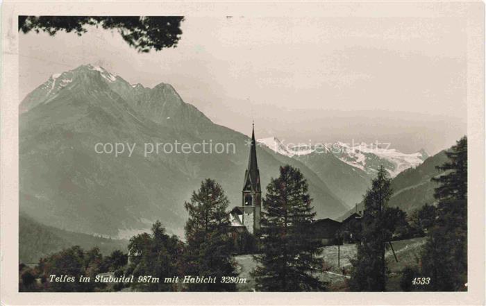 Telfes Stubai Tirol AT Panorama Stubaital mit Habicht Bergkirche