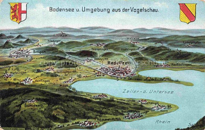 Radolfzell Bodensee Bodensee und Umgebung aus der Vogelschau Kuenstlerkarte