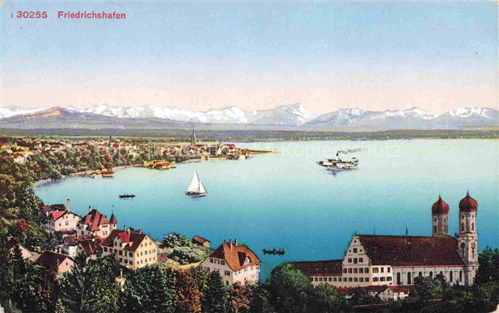 FRIEDRICHSHAFEN Bodensee Panorama Kirche Schweizer Alpen Kuenstlerkarte