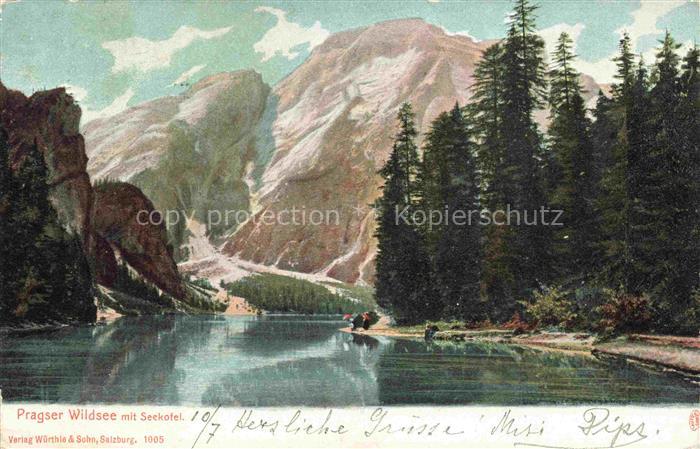 Pragser Wildsee Lago di Braies 1496m Prags Braies Bolzano IT mit Seekofel Kuenst