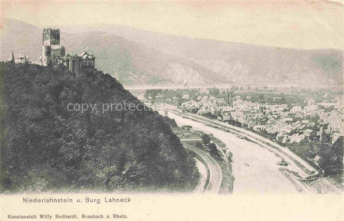 Niederlahnstein Lahnstein Rheinland-Pfalz Panorama mit Burg Lahneck