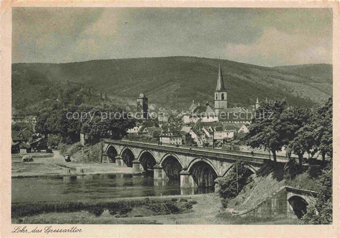 Lohr Main Panorama Mainbruecke Tor zum Spessart Kupfertiefdruck