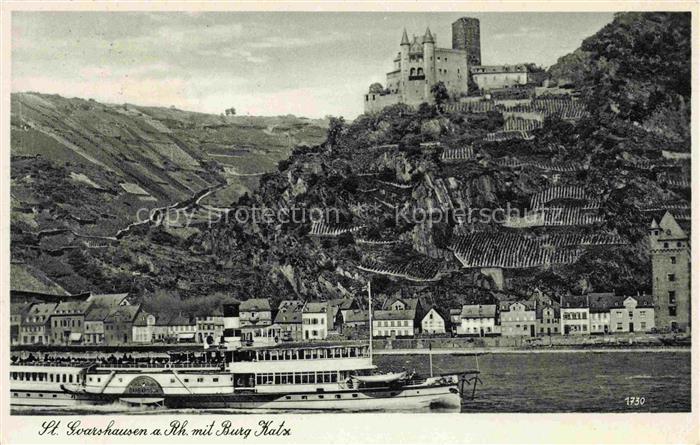 St Goarshausen Rhein Fahrgastschiff mit Burg Katz