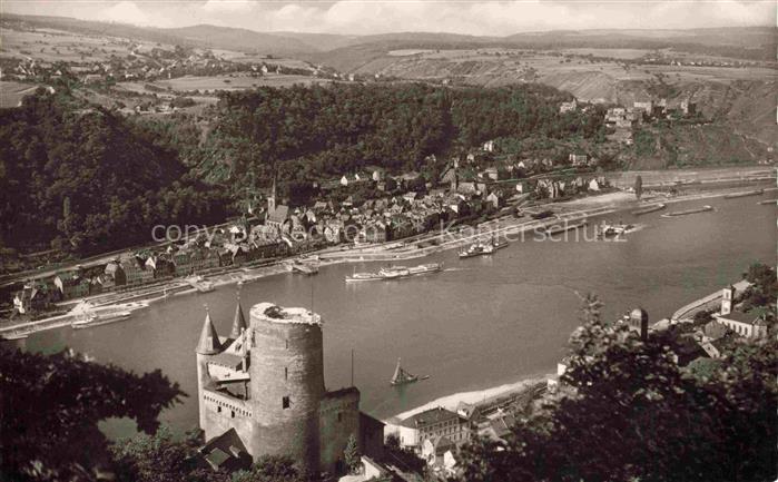 St Goar Rhein Fliegeraufnahme mit Burg Katz Blick auf St Goar und Burg Rheinfels