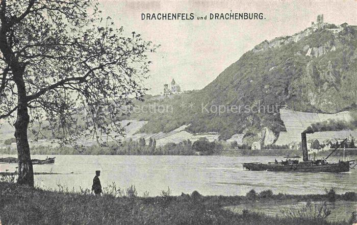 Drachenfels Ruine Koenigswinter NRW und Drachenburg Rheinpartie Dampfschiff