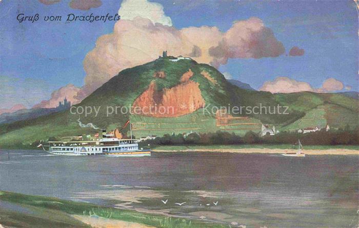 Drachenfels Ruine Koenigswinter NRW Rheinpanorama mit Fahrgastschiff