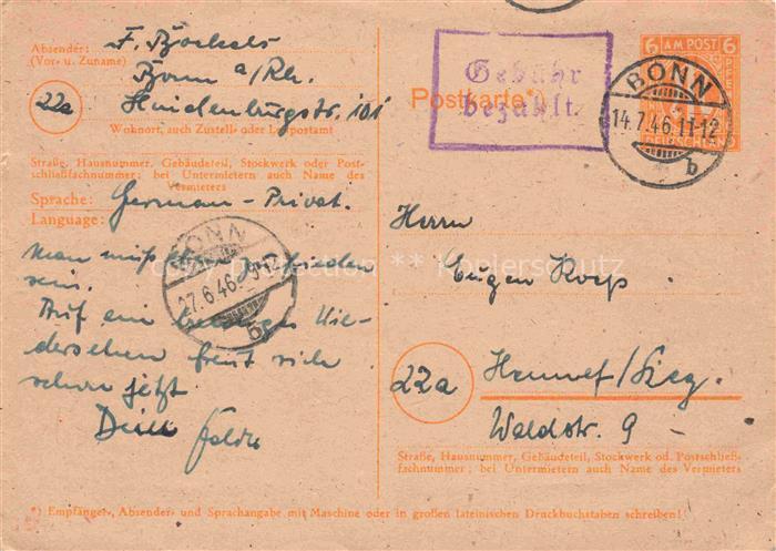 BONN Rhein Korrespondenzkarte