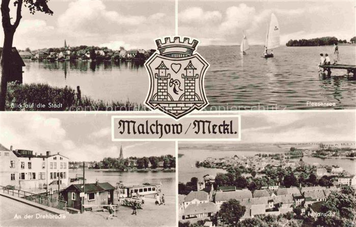 Malchow Uferpartie am See Blick auf die Stadt Fleesensee Badesteg Drehbruecke Pa