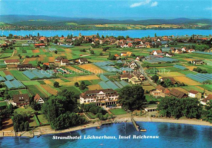 Insel Reichenau Bodensee Strandhotel Loechnerhaus mit Mittelzell Fliegeraufnahme