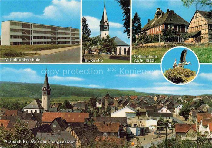 Atzbach Lahnau Wetzlar Hessen Schule Kirche Storchennest Stadtpanorama Blick geg