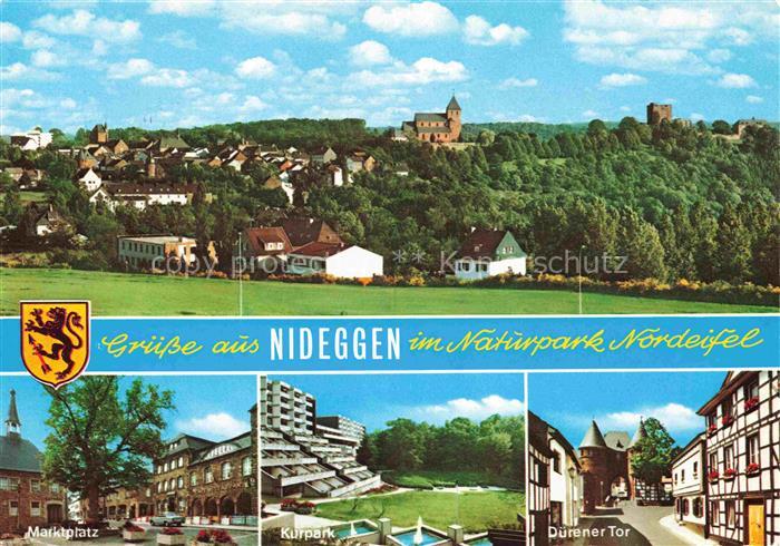 Nideggen Eifel Dueren NRW Ansicht mit Kirche und Burgruine Marktplatz Kurpark Du