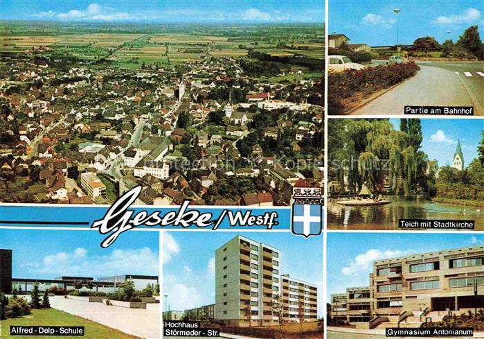 Geseke Luftaufnahme Partie am Bahnhof Teich Stadtkirche Alfred-Delp-Schule Hochh