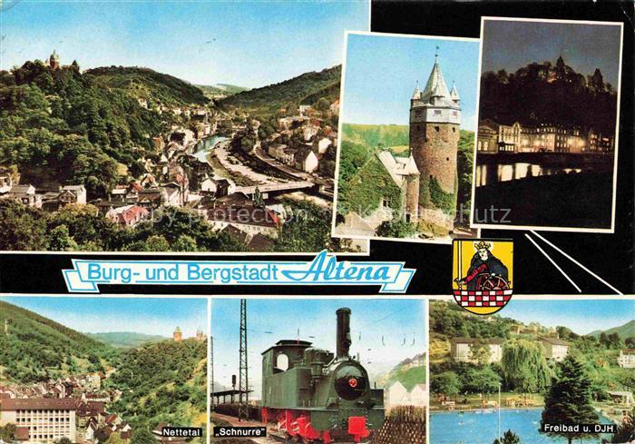 Altena Lenne Panorama Burg- und Bergstadt Turm Nettetal Schnurre Dampflokomotive