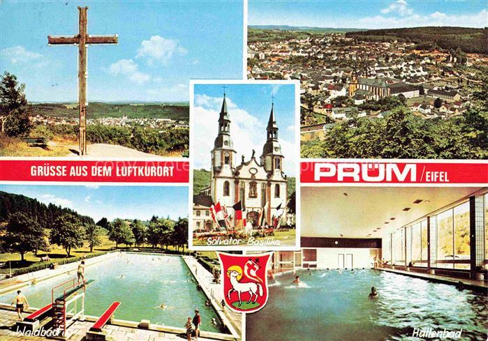 Pruem Eifel Rheinland-Pfalz Kreuz Panorama Salvator-Basilika Freibad Hallenbad