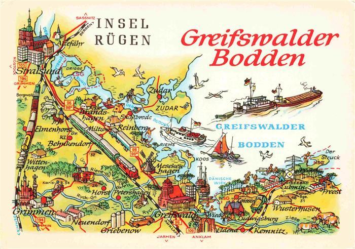 GREIFSWALD Mecklenburg-Vorpommern Landkarte Greifswalder Bodden Insel Ruegen