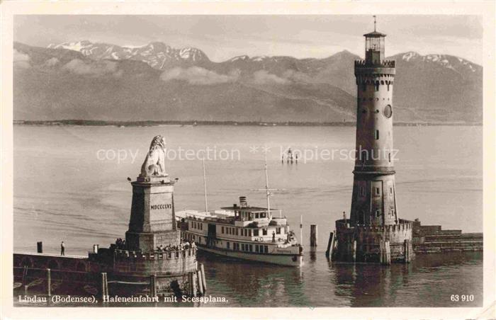 Dampfer Binnenschifffahrt Lindau Bodensee Hafeneinfahrt Scesaplana Leuchtturm